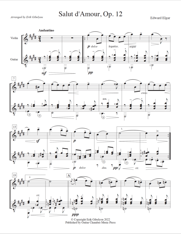 Salut d'Amour, Op. 12 for Violin and Guitar - Image 3